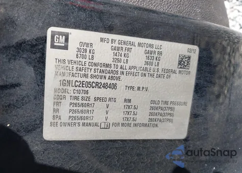 2012 Chevrolet Tahoe Commercial Fleet z USA, uszkodzony, nr VIN 1GNLC2E05CR248406